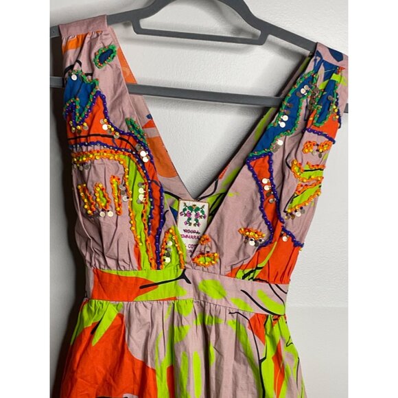 Anthropologie Midi Beaded Dress Green Floral Roopa Pemmaraju Size XS NEW - Picture 6 of 10